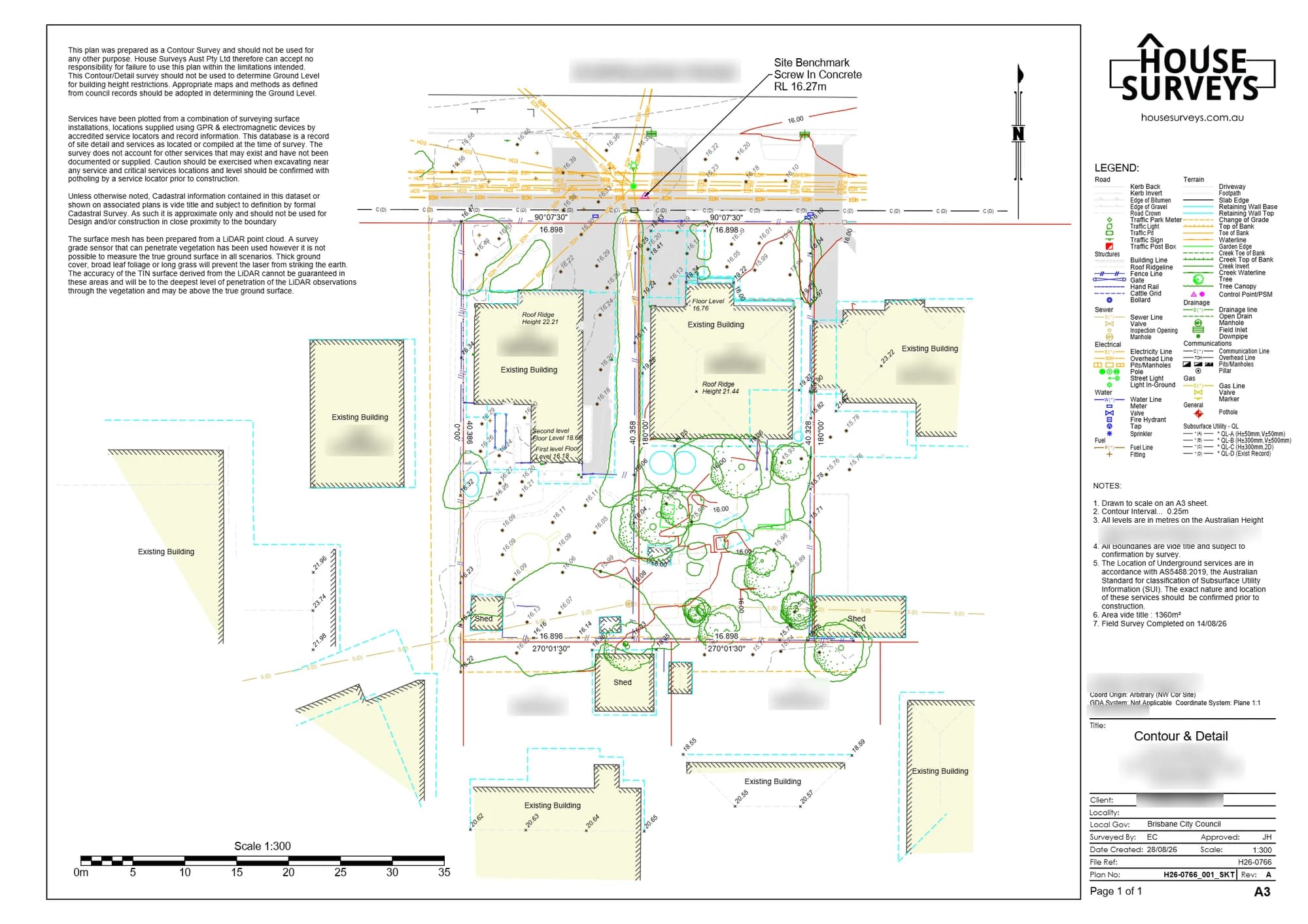 A completed Contour & Detail Survey plan on an A3 sheet: contour lines across the site, spot levels, the house and sheds, trees, fences, kerb and underground services, with a legend, scale bar and title block.